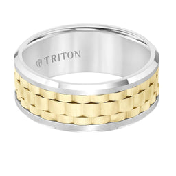White Tungsten Carbide Wedding Ring with Yellow Basket Weave Center & Polished Beveled Edges by Triton Rings - 9mm - Larson Jewelers