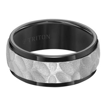 Flat view of the Triton black tungsten ring with sandblasted hammered white center and polished black beveled edges