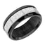 Angled view of a 9mm black tungsten men’s wedding ring by Triton with polished beveled edges and a sandblasted hammered silver-tone grooved center