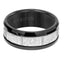 Front view of the 9mm black tungsten Triton wedding band showing the hammered, sandblasted center strip with vertical grooves and glossy black beveled rims