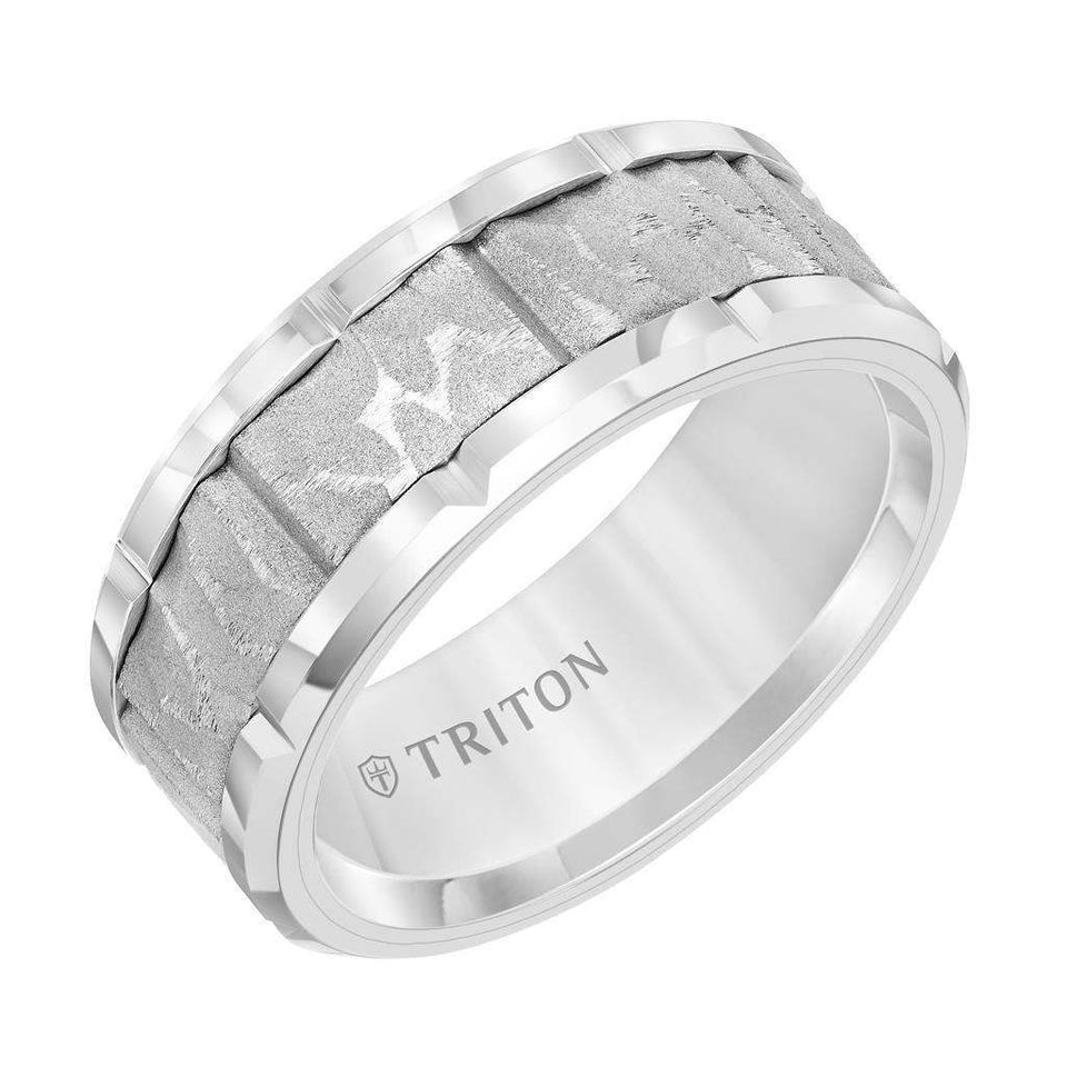 White Tungsten Textured Sandblasted Center Wedding Ring with Polished Edges & Cut Accents by Triton Rings - 9mm - Larson Jewelers