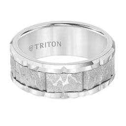 White Tungsten Textured Sandblasted Center Wedding Ring with Polished Edges & Cut Accents by Triton Rings - 9mm - Larson Jewelers