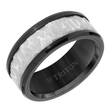 Angled view of a 9mm Triton black tungsten men’s wedding band with polished black beveled edges and a sandblasted white tungsten textured center