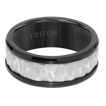 Flat view of the same Triton black tungsten wedding ring showing the two‑tone design and sandblasted center