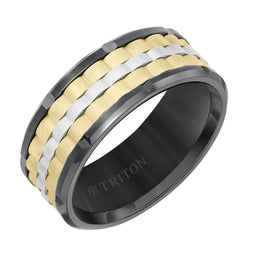 Black Tungsten Tri-Color Basket Weave Wedding Band with Polished Edges & Cut Accents by Triton Rings - 9mm - Larson Jewelers