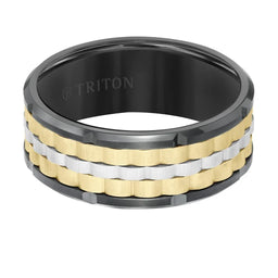 Black Tungsten Tri-Color Basket Weave Wedding Band with Polished Edges & Cut Accents by Triton Rings - 9mm - Larson Jewelers