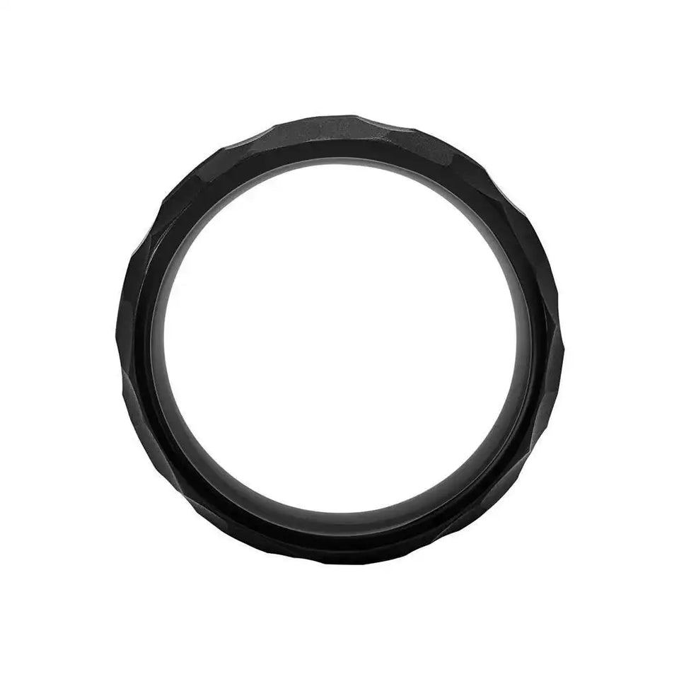 Front view of the black tungsten carbide band highlighting the hammered pattern across the entire width