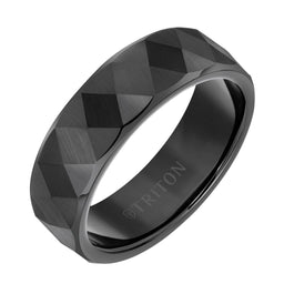 7MM Black Tungsten Carbide Comfort Fit Ring - Faceted Diamond Pattern and Flat Edge - Larson Jewelers