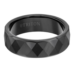7MM Black Tungsten Carbide Comfort Fit Ring - Faceted Diamond Pattern and Flat Edge - Larson Jewelers