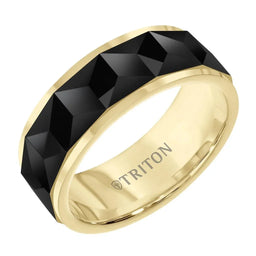 8MM Black & Yellow Tungsten Carbide Comfort Fit Ring - Faceted Chevron Pattern and Bevel Edge - Larson Jewelers