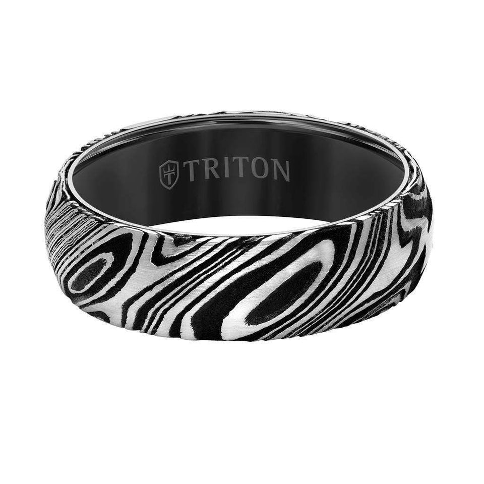 Front view of the 7mm Damascus-pattern black tungsten carbide ring showing TRITON interior branding