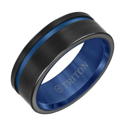 TRITON Black Tungsten Carbide Ring with Satin Finish and Asymmetrical Blue Cut 8mm - Larson Jewelers