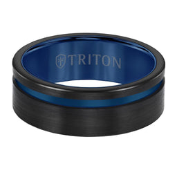 TRITON Black Tungsten Carbide Ring with Satin Finish and Asymmetrical Blue Cut 8mm - Larson Jewelers