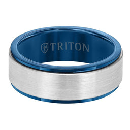 8MM Blue & White Tungsten Carbide Comfort Fit Ring - Satin Finish Center and Step Edge - Larson Jewelers