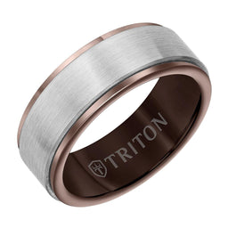 8MM Brown & White Tungsten Carbide Comfort Fit Ring - Satin Finish Center and Step Edge - Larson Jewelers