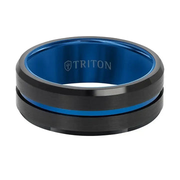 Black Tungsten Brushed Finish with Blue Tungsten Groove - 8mm - Larson Jewelers
