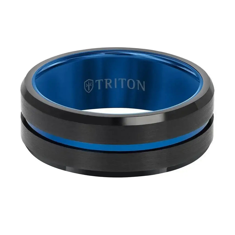 Front view of the same 8mm black tungsten carbide ring showing the blue interior and blue center line with brushed satin finish; TRITON logo visible inside