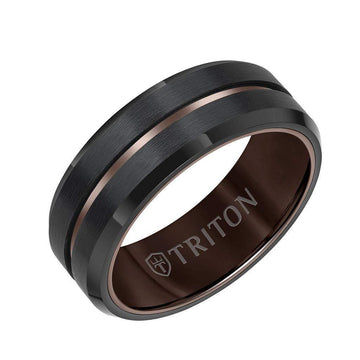 Angled view of an 8mm black tungsten carbide ring with a satin-brushed center and a brown center line, comfort-fit interior engraved with TRITON
