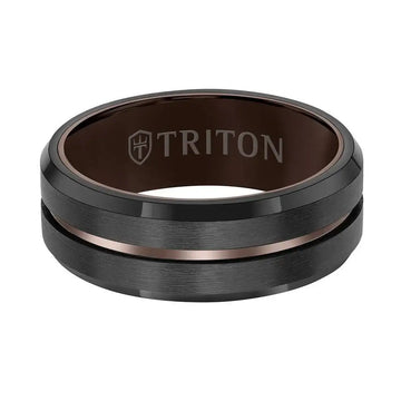 Front view of the 8mm black tungsten carbide ring showing the brushed center band, polished edges, and brown center line with TRITON interior