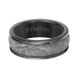 8MM Black Tungsten Carbide Base with Rd Rims/Meteorite Insert Engraved Band - Larson Jewelers