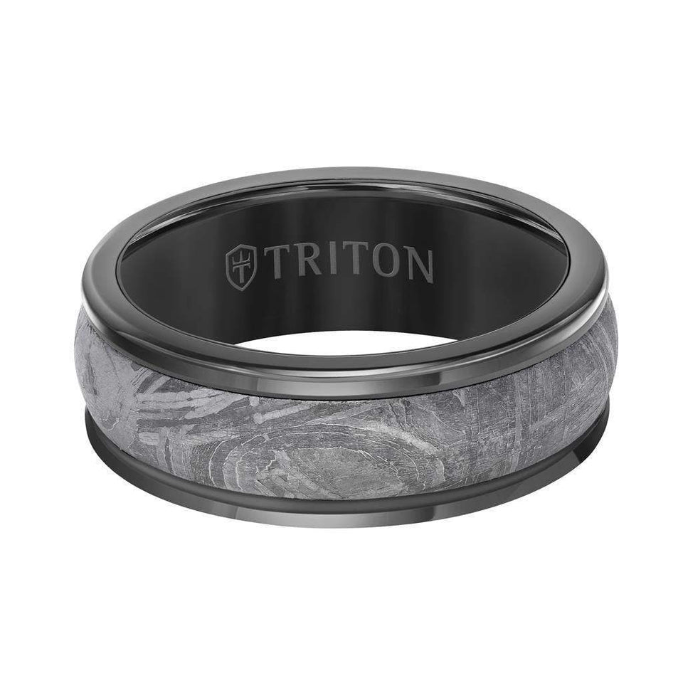 Flat side view of the same 8mm black tungsten carbide ring showing the full meteorite insert and rounded rims, TRITON logo inside