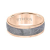 Front view of rose tungsten carbide ring featuring gray meteorite center inlay and rounded edges, 8mm