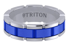 7MM White Tungsten Comfort Fit Ring with Blue Ceramic T-Link Design Center - Larson Jewelers