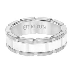 7MM White Tungsten Comfort Fit Ring with White Ceramic T-Link Design Center - Larson Jewelers