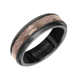 7MM Brown & Black Tungsten Carbide Ring - Hammered Center and Step Edge - Larson Jewelers