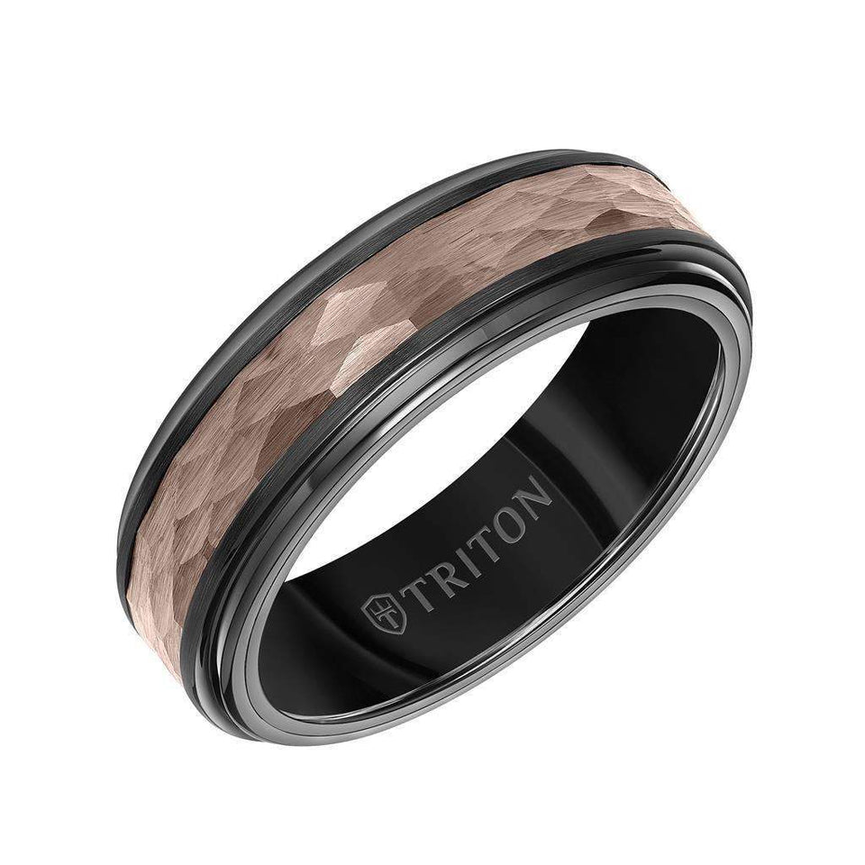 7MM Brown & Black Tungsten Carbide Ring - Hammered Center and Step Edge - Larson Jewelers