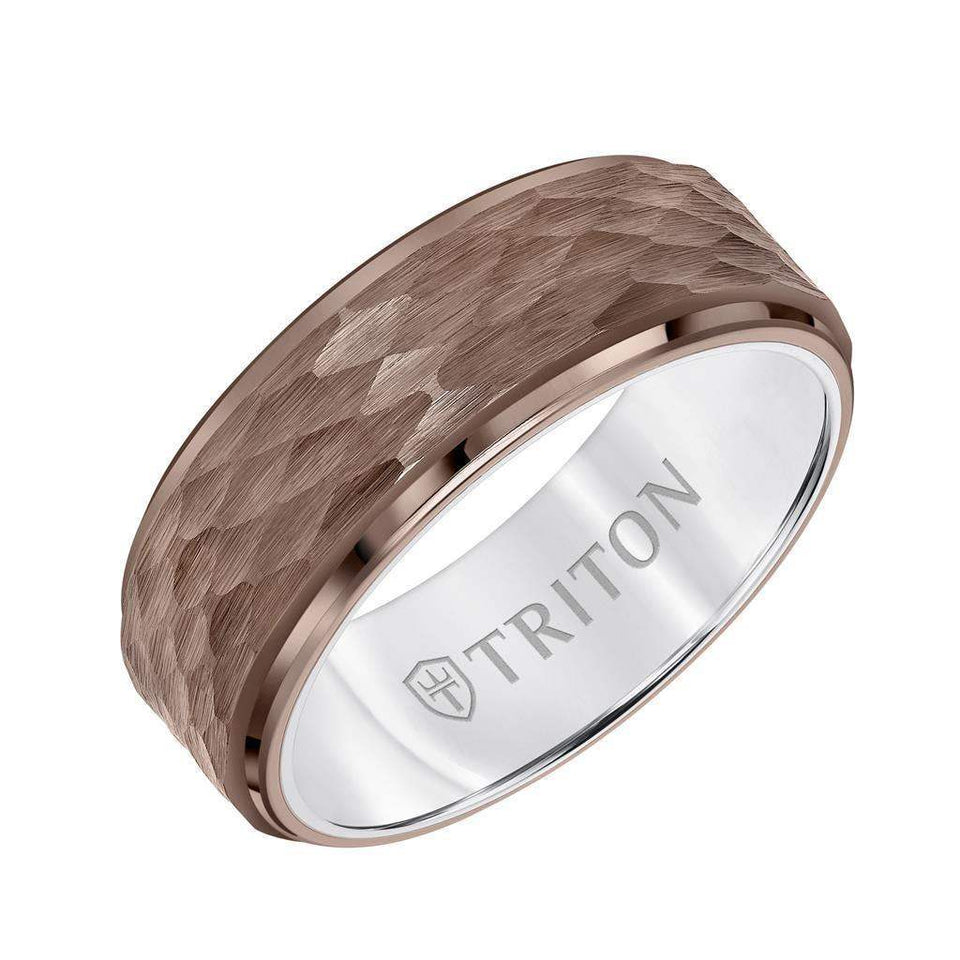 8MM Brown & White Tungsten Carbide Ring - Hammered Center and Step Edge - Larson Jewelers