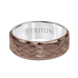8MM Brown & White Tungsten Carbide Ring - Hammered Center and Step Edge - Larson Jewelers