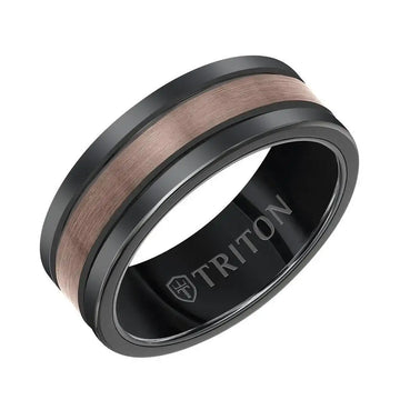 Black tungsten carbide ring with brushed brown center inlay, beveled edges, and TRITON logo inside, front angled view