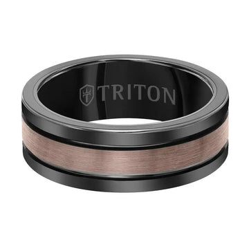 Black tungsten carbide ring with satin brown center inlay and TRITON interior logo, straight view