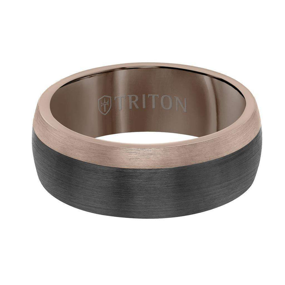 Front view of the same 8mm tungsten carbide ring showing brushed two-tone band and dome shape with TRITON logo inside