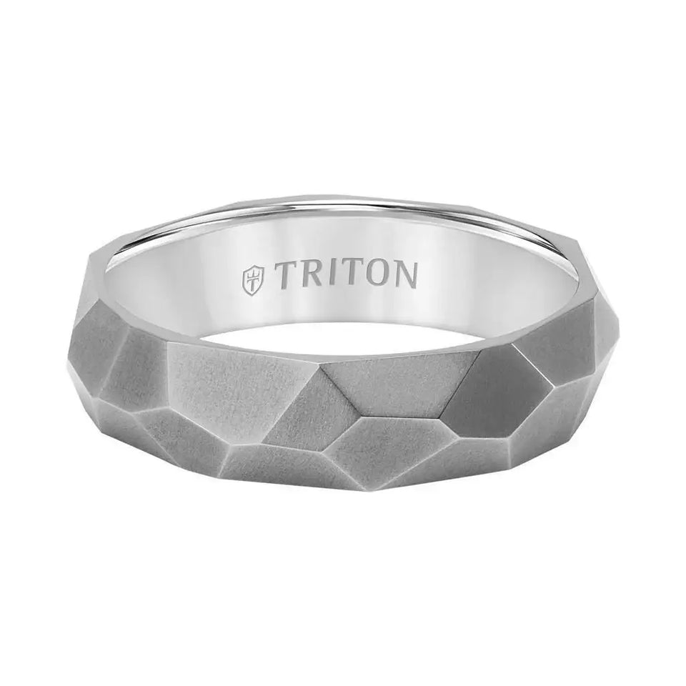 6MM Grey Titanium Comfort Fit Ring with Faceted Brushed Finish - Larson Jewelers