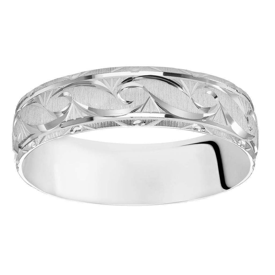 14k White Gold Satin Finished Ring with Polished Grooved Pattern & Beveled Edges - 6mm - Larson Jewelers