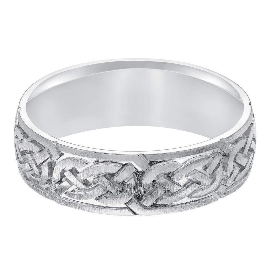 14k White Gold Engraved Celtic Knot Pattern Men’s Wedding Band With Satin Finish - 6.5mm - 8.5mm - Larson Jewelers