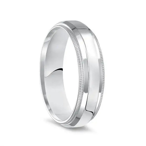 14k White Gold Polished Finish Raised Center Ring with Milgrain Edges - 4mm - 6mm - Larson Jewelers