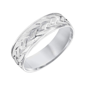 14k White Gold Satin Brush Finished Men’s Wedding Band with Engraved Celtic Knot Motif - 7mm - Larson Jewelers