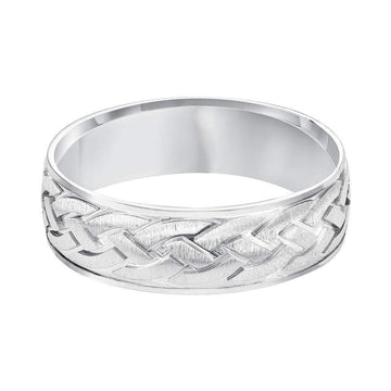 14k White Gold Satin Brush Finished Men’s Wedding Band with Engraved Celtic Knot Motif - 7mm - Larson Jewelers