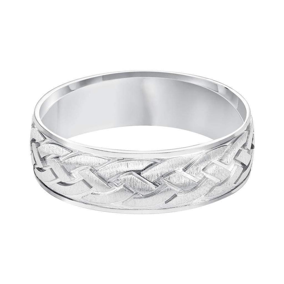 14k White Gold Satin Brush Finished Men’s Wedding Band with Engraved Celtic Knot Motif - 7mm - Larson Jewelers