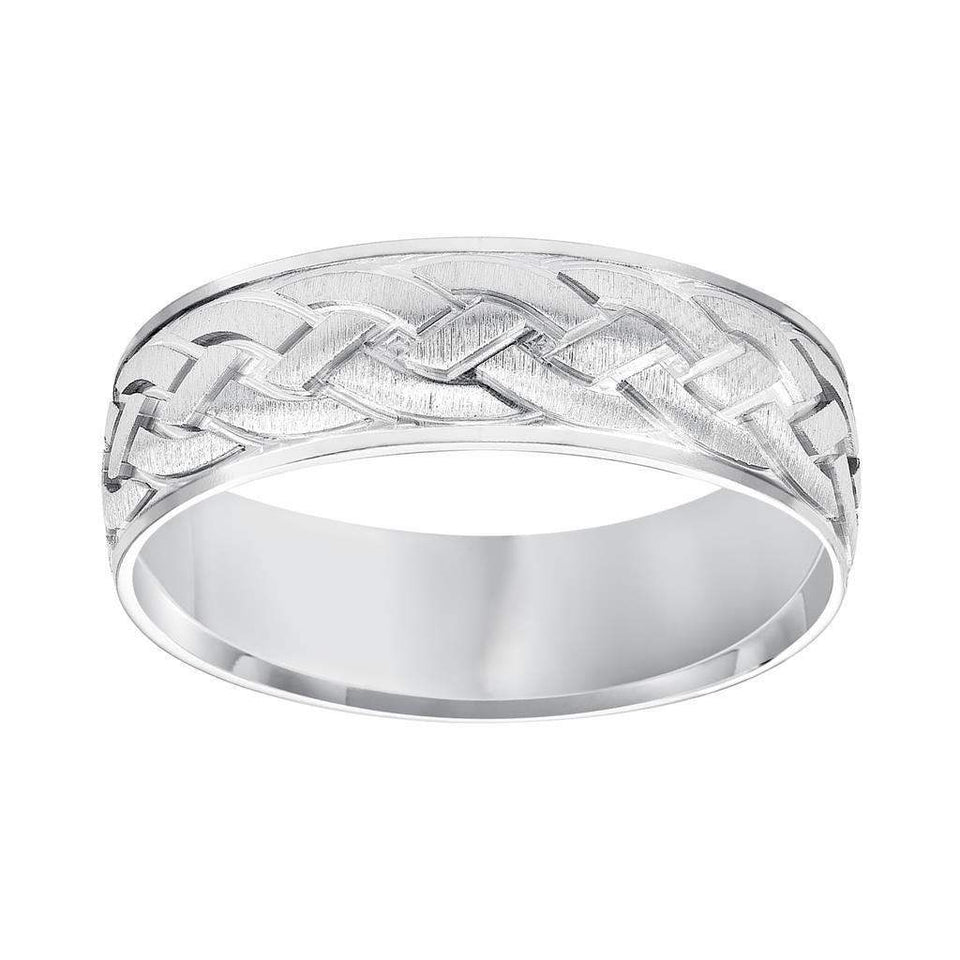 14k White Gold Satin Brush Finished Men’s Wedding Band with Engraved Celtic Knot Motif - 7mm - Larson Jewelers