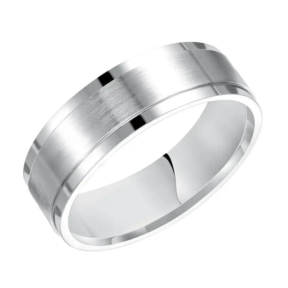 14k White Gold Brushed Center Men’s Wedding Band with Polished Step Edges - 7mm - Larson Jewelers
