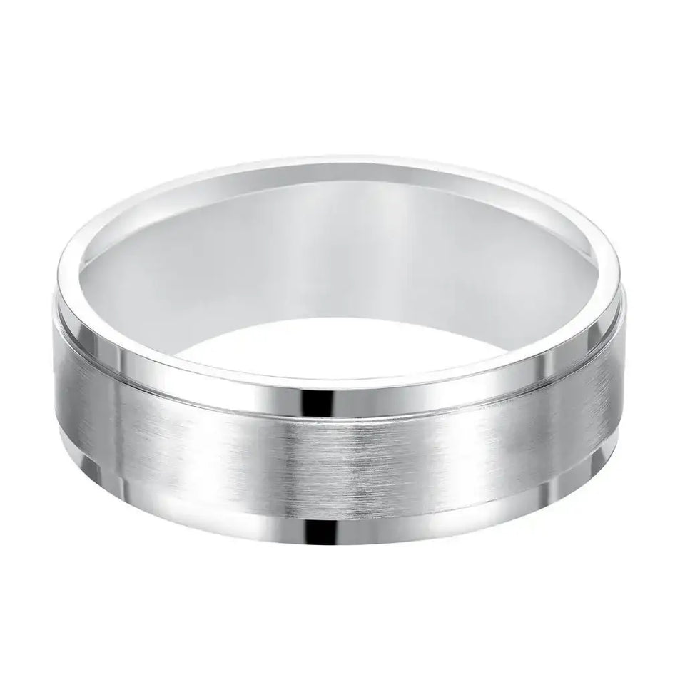 14k White Gold Brushed Center Men’s Wedding Band with Polished Step Edges - 7mm - Larson Jewelers