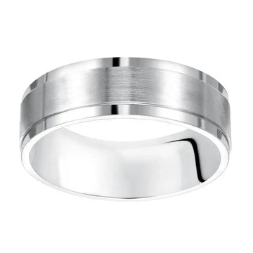 14k White Gold Brushed Center Men’s Wedding Band with Polished Step Edges - 7mm - Larson Jewelers