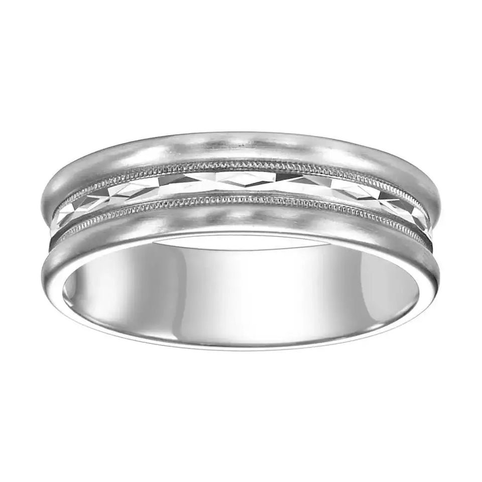 14k White Gold Diamond Cut Center Brushed Finished Raised Round Edges Men's Wedding Ring - 4mm - 8mm - Larson Jewelers
