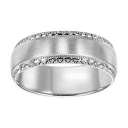 18k White Gold Brushed Finish Men’s Milgrain Ring with Cut Pattern Beveled Edges - 8mm - Larson Jewelers