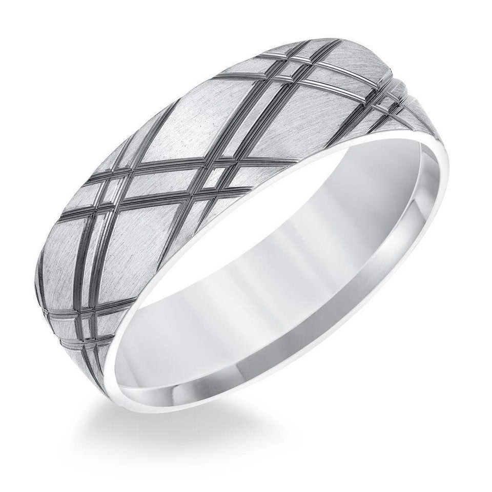 14k White Gold Brushed Finish Mens Wedding Band with Polished Criss Cross Grooves - 6.5mm - Larson Jewelers