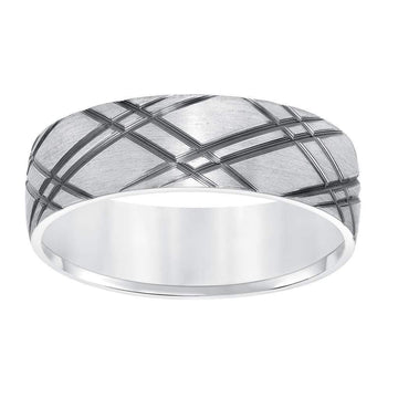 14k White Gold Brushed Finish Mens Wedding Band with Polished Criss Cross Grooves - 6.5mm - Larson Jewelers